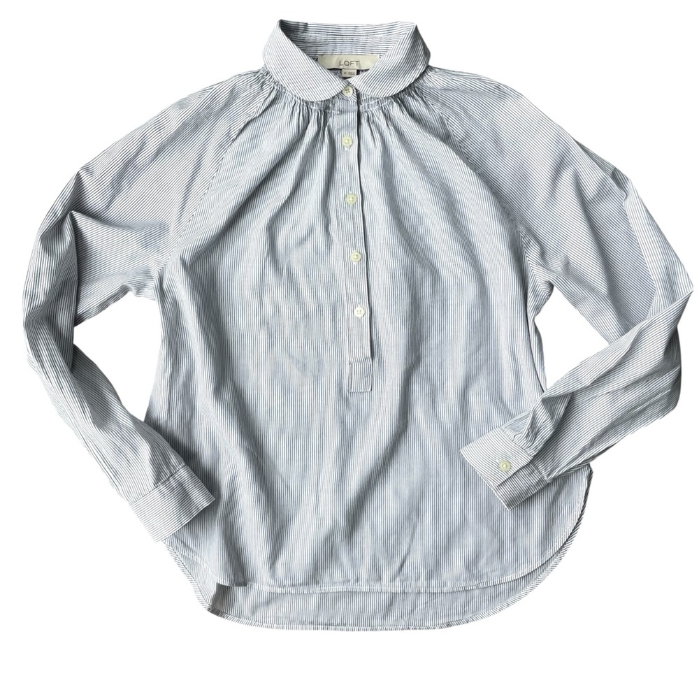 LOFT Button Down Shirt Smocked Round Collar Size XS White with Blue Stripes